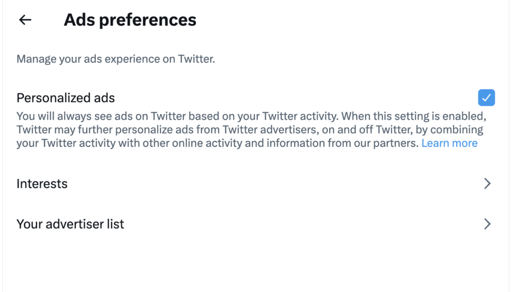 turn off personalized ads in ads preferences on twitter